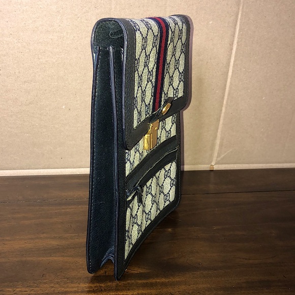 GUCCI GG Ophidia Sherryline Stripe Navy Leather Grey Coated Canvas Crossbody Bag - Picture 6 of 17